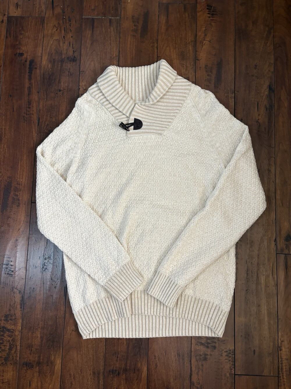 H&M Shawl Collar Pullover Sweater Mens L Beige Wool Blend Knit Casual Preppy